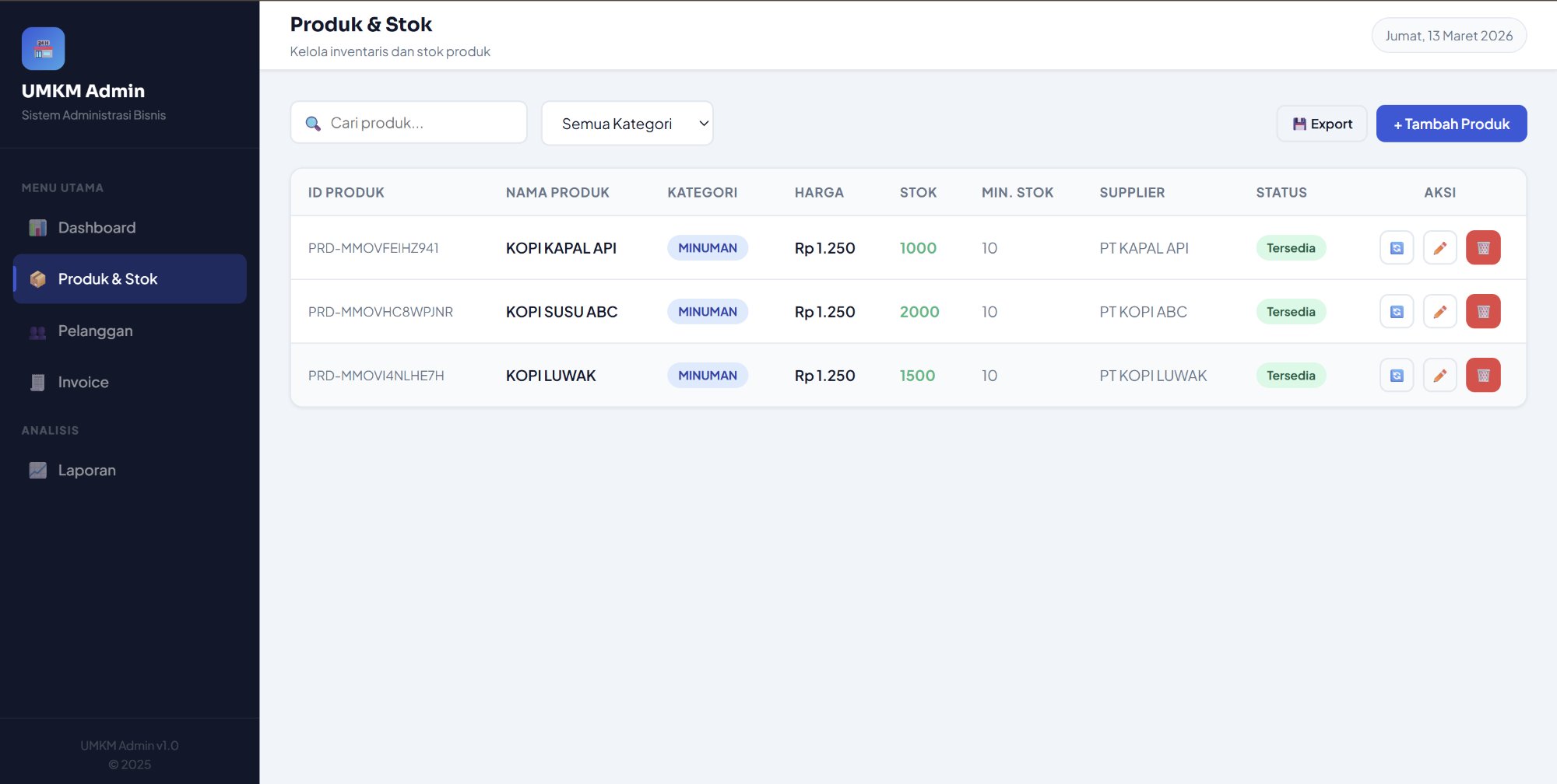 Halaman Produk & Stok – Kelola inventaris